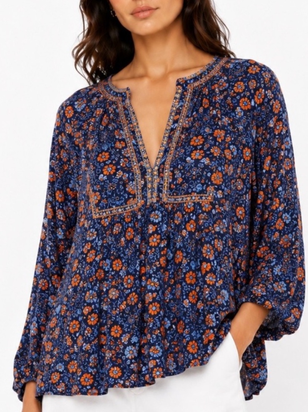 J. JILL Navy Floral Cotton Split-Neck Peasant Tunic with Orange Accents Size XL